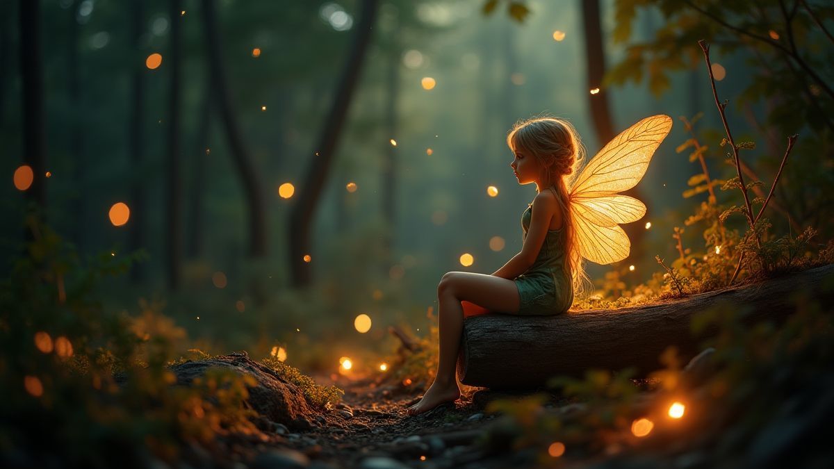 Hada sentada en un tronco en un bosque brillante.