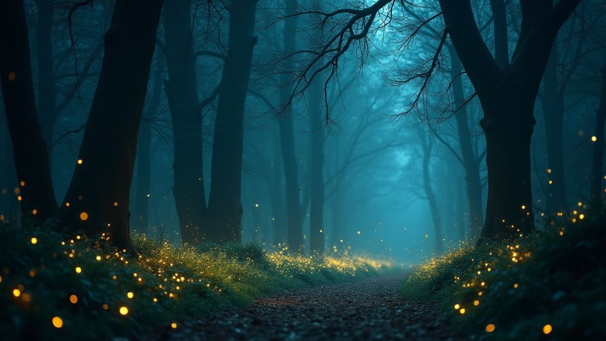 Bosque encantado con luciérnagas brillantes y atmósfera mágica.