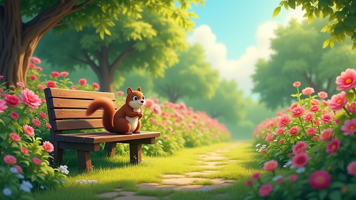 Afbeelding van een tuin vol bloemen en een eekhoorn op een bank.