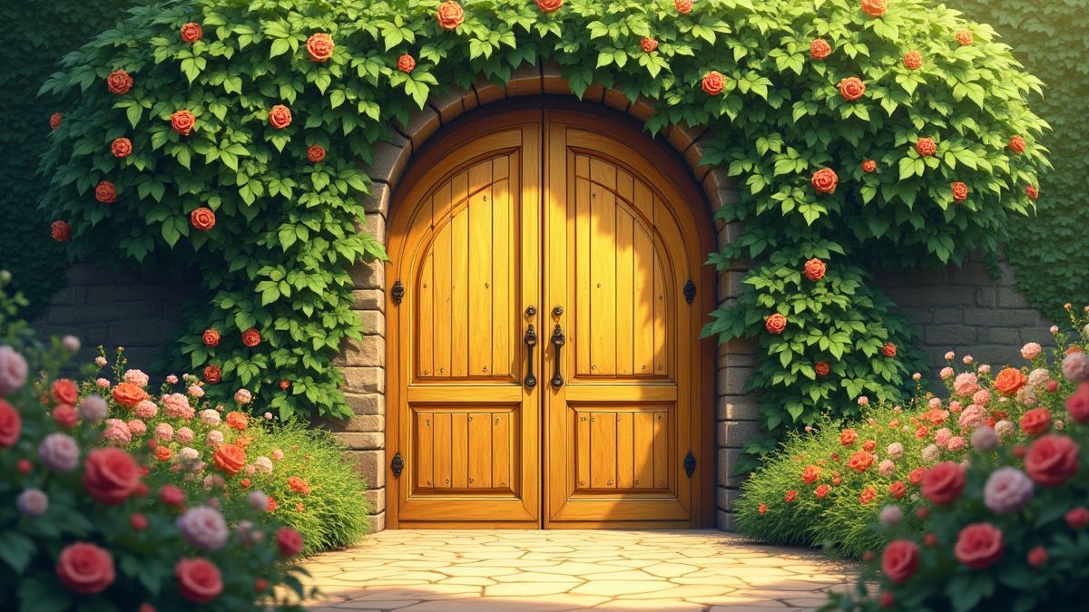 Afbeelding van een gouden poort omringd door bloemen en klimop.