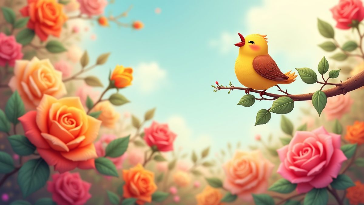 Afbeelding van kleurrijke rozen en een blije vogel die op een tak zingt.