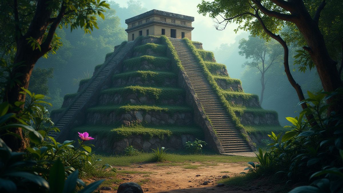 Aztekische Pyramide umgeben von Dschungel und leuchtenden Juwelen.