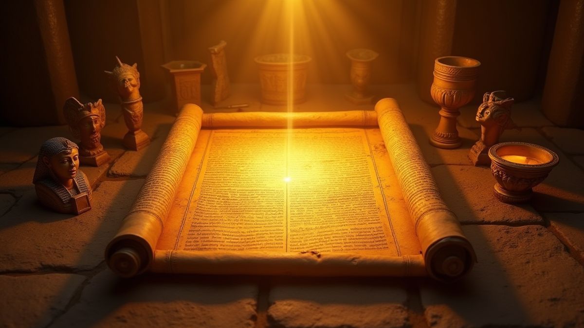 Ancient scroll surrounded by Egyptian artifacts.