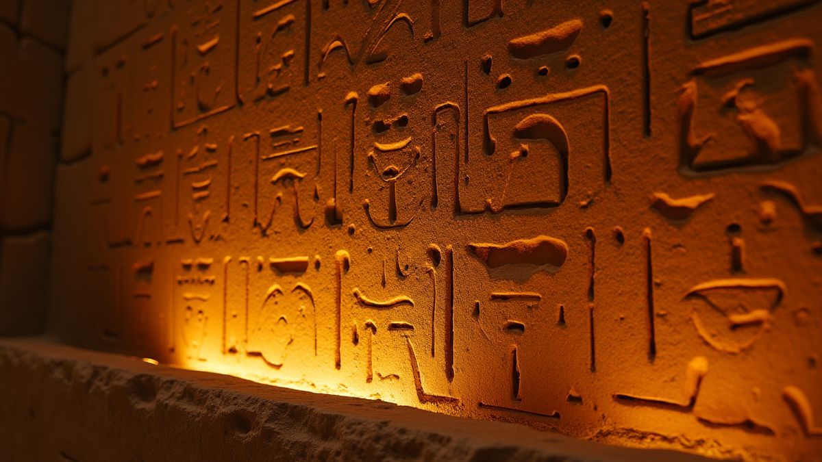 Jeroglíficos egipcios tallados en una pared de piedra iluminados con luz dorada.
