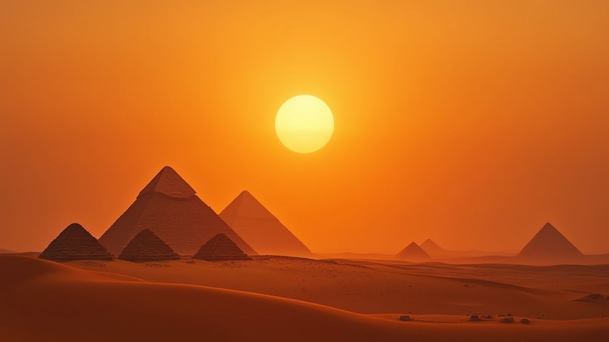 Paisagem desértica egípcia com pirâmides e um pôr do sol resplandecente.