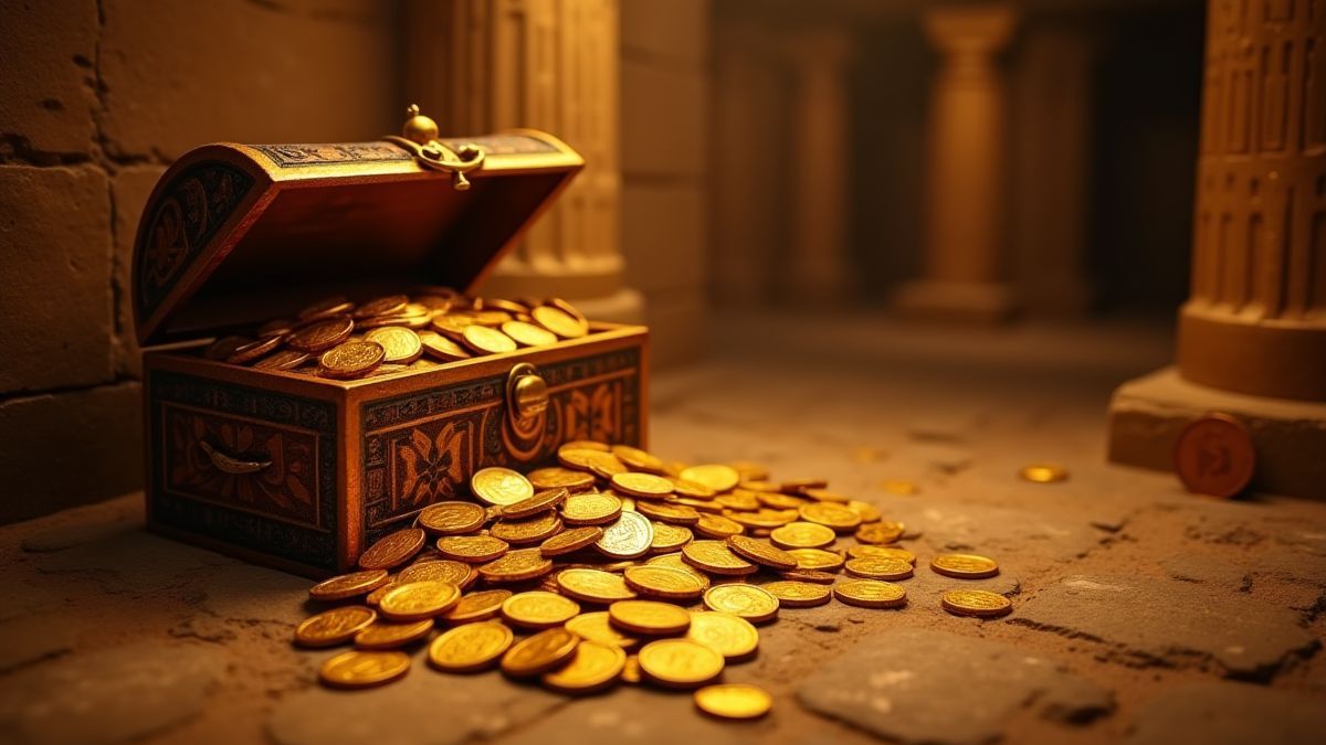 Monedas doradas cayendo de un cofre del tesoro en una tumba egipcia.