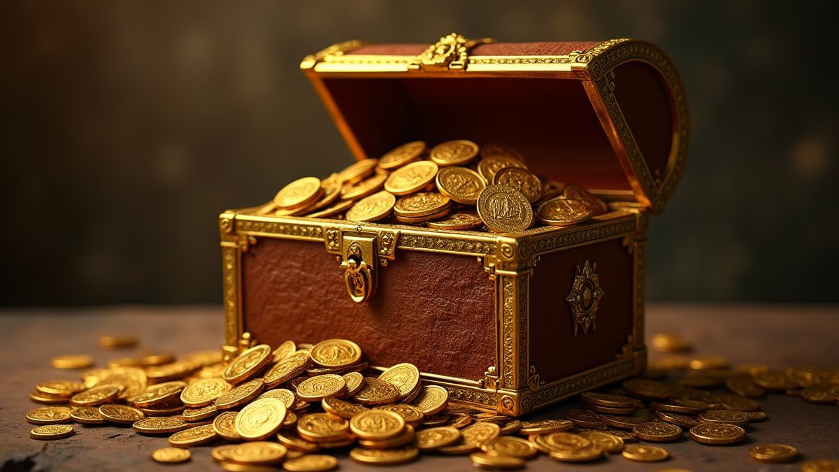 Cofre do tesouro dourado cheio de moedas antigas e joias.