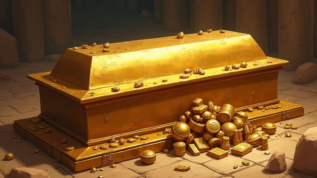 Sarcophagus dorado rodeado de tesoros y artefactos antiguos.