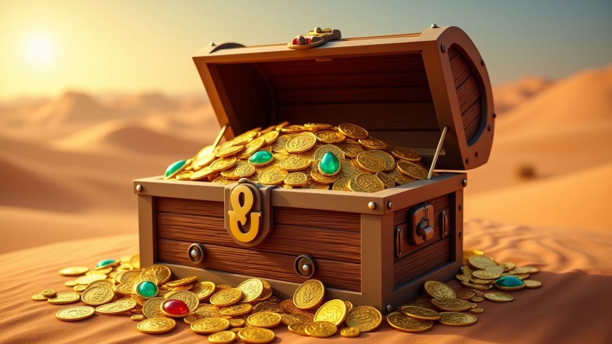 Cofre del tesoro lleno de monedas de oro y joyas en un paisaje desértico.