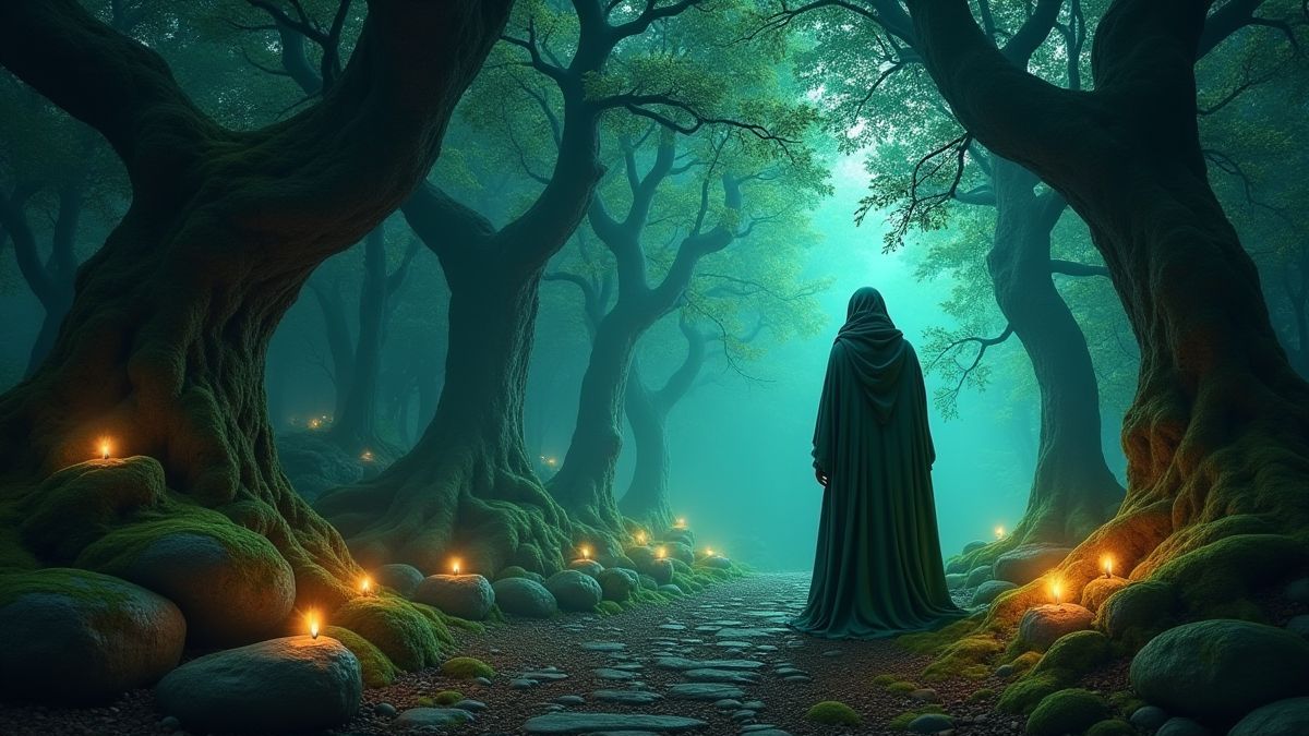 Celtisch bos met glinsterende stenen en een wijze druïde.