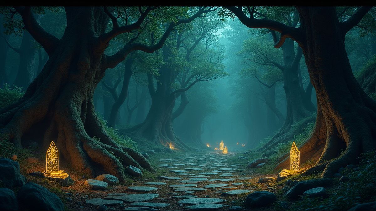 Verborgen open plek in een magisch bos met glinsterende stenen en oude symbolen.