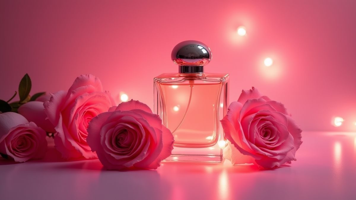 Rosas elegantes y un frasco de perfume con luz ambiente rosa.
