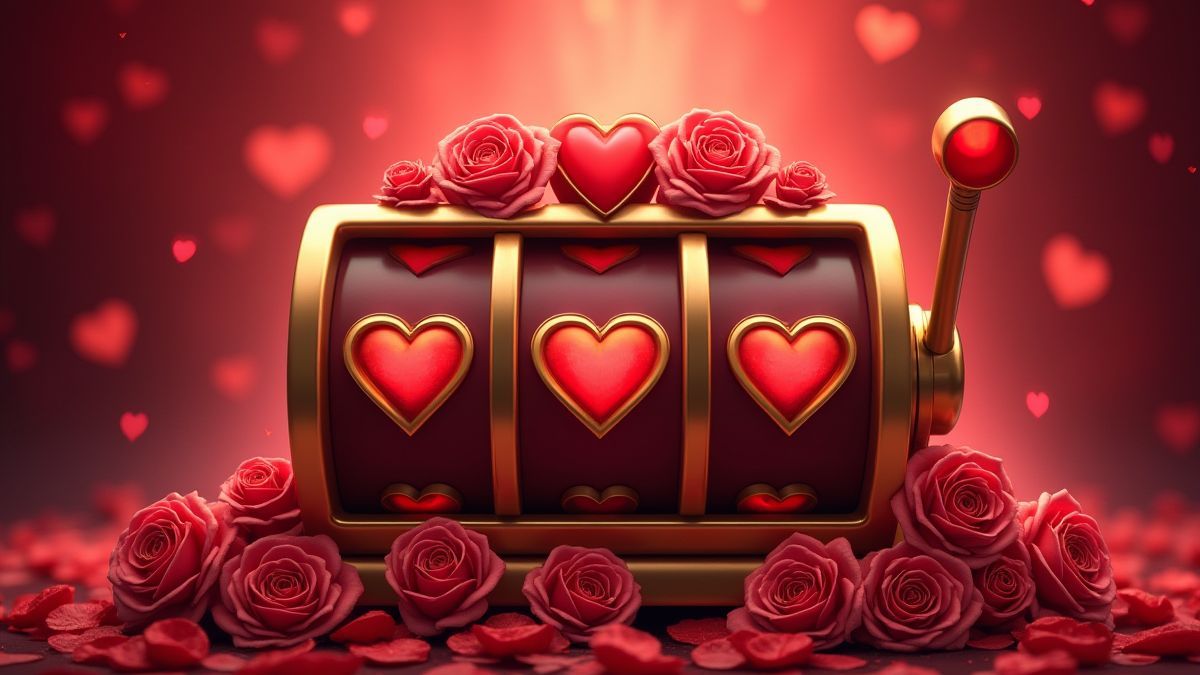Interfaz de máquina tragamonedas con símbolos románticos como rosas y corazones.