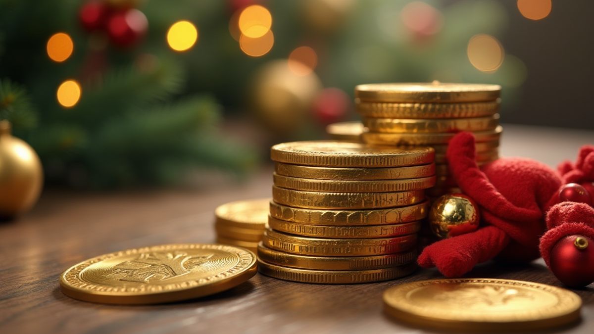 Monedas de ouro com decorações natalinas