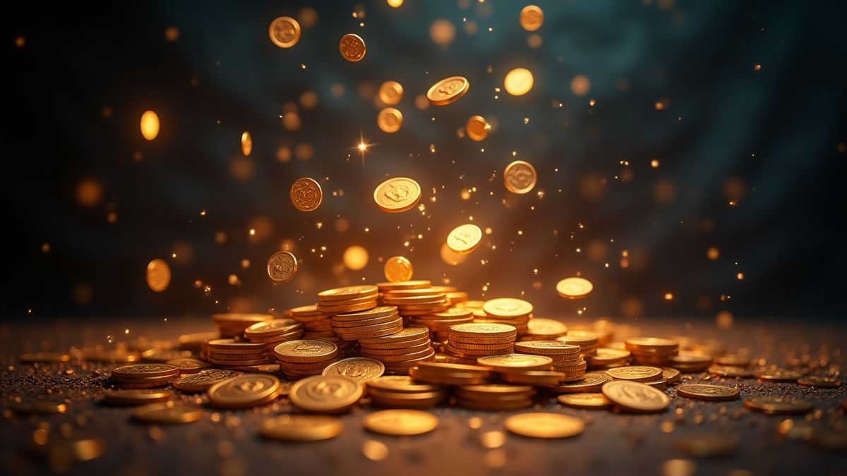 Monedas mágicas y símbolos brillando en el aire