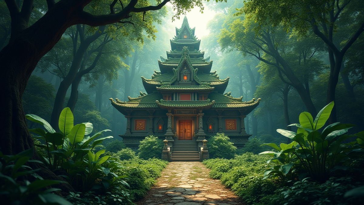Ein antiker Tempel mitten im Dschungel, umgeben von Vegetation und versteckten Schätzen.