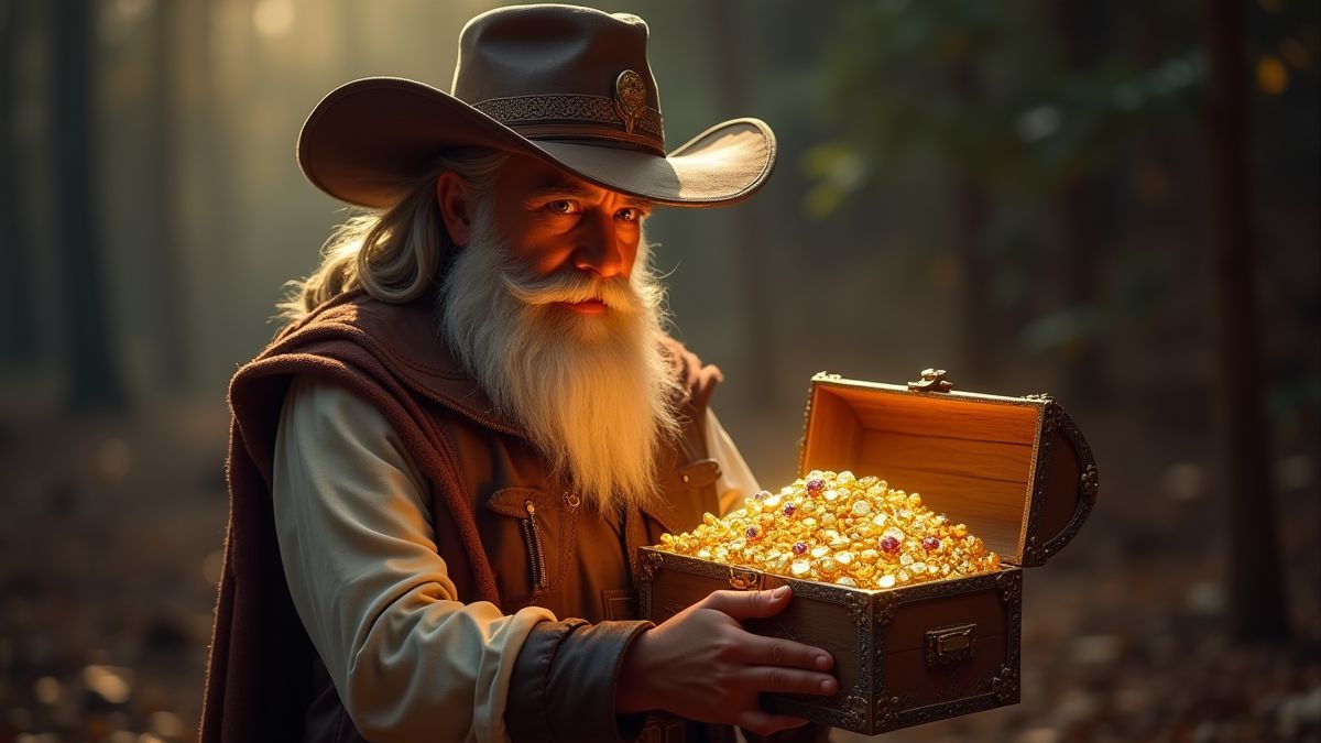 Ein Abenteurer, der eine Schatzkiste mit Gold und Juwelen hält.