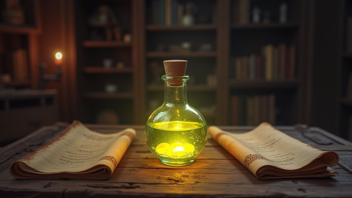 Glowing potion bottle on a wooden table with ancient scrolls.