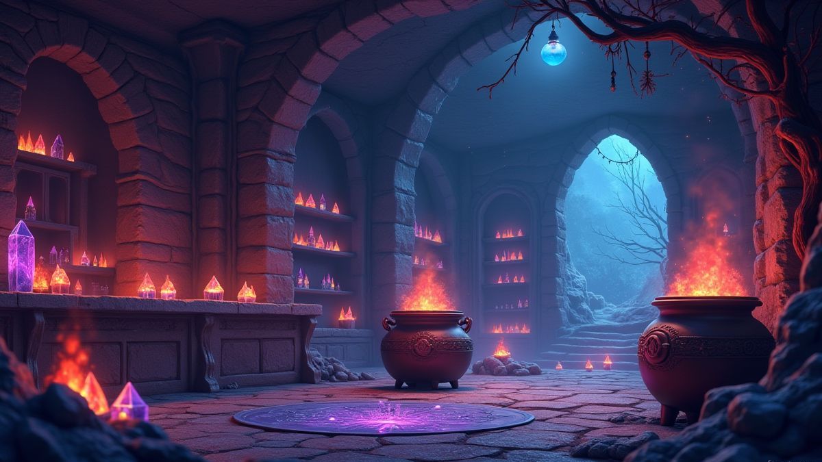 Mystical alchemy room with glowing crystals and bubbling cauldrons.