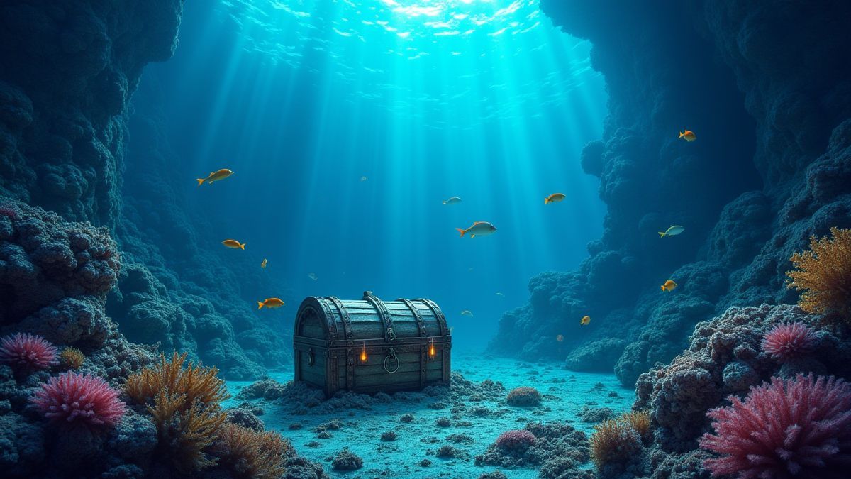Récif de corail sous-marin entouré de vie marine et un coffre au trésor coulé.