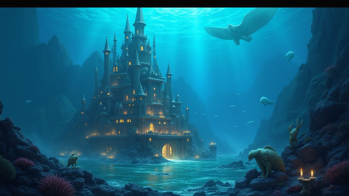 Une ville sous-marine mystique entourée de trésors brillants et de créatures marines.