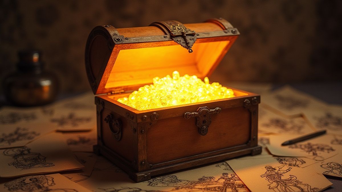 Cofre del tesoro iluminado con bocetos renacentistas.
