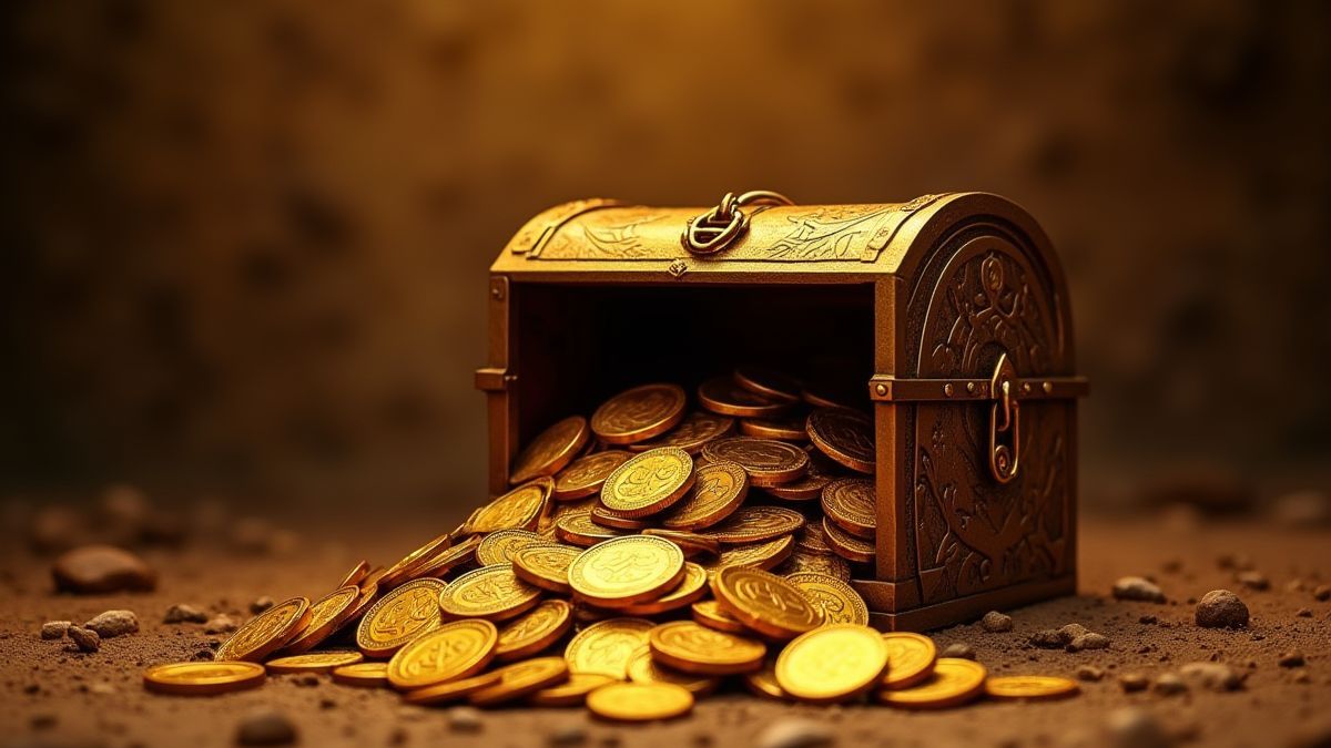 Cofre lleno de monedas y tesoros en un ambiente egipcio.