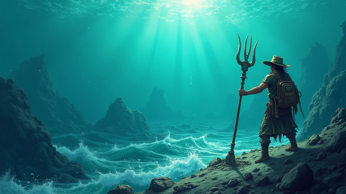 Um caçador de tesouros explorando o fundo marinho com o tridente de Poseidon em mãos.