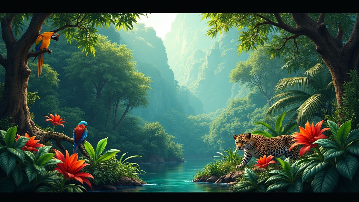 Selva amazónica con plantas vibrantes y animales exóticos.
