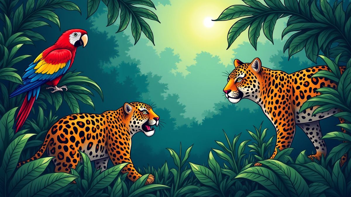 Escena de jungla vibrante con animales y plantas exóticas.