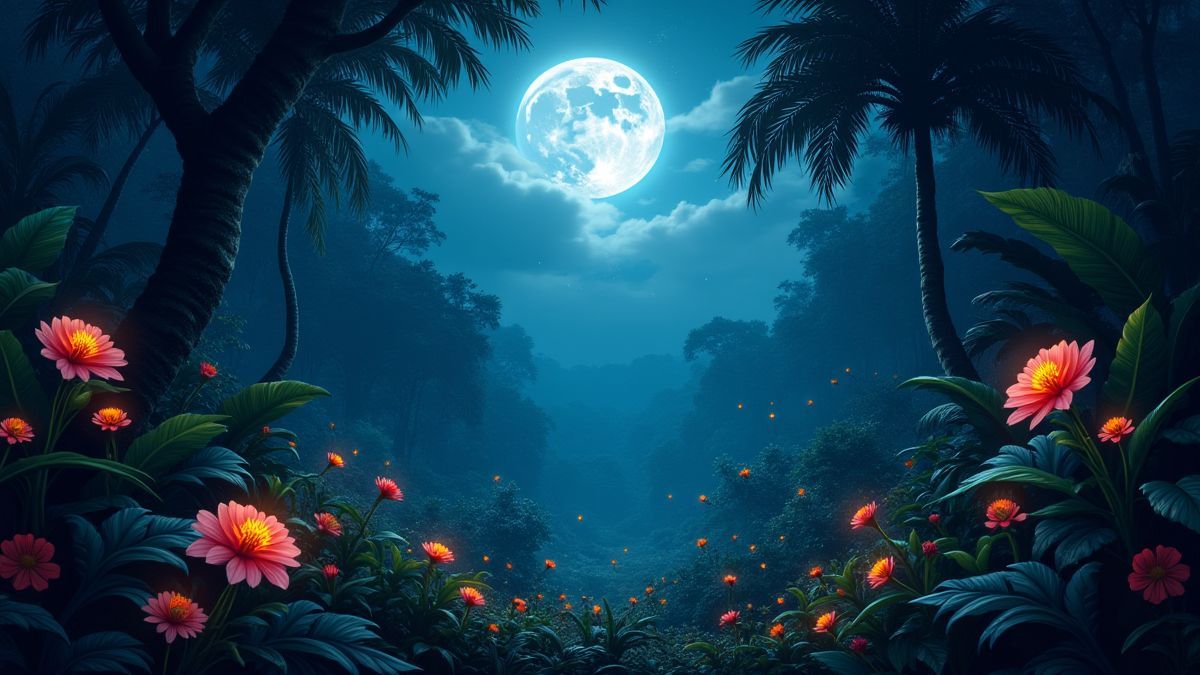 Selva amazónica bajo la luz de la luna con flores brillantes.
