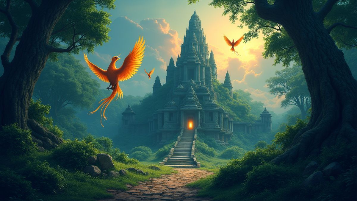 Ancient ruins surrounded by vegetation and glowing phoenixes in the air.