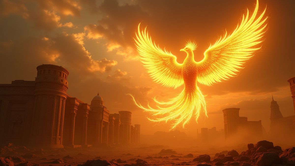 Golden phoenix shining with a mystical aura over ancient ruins.