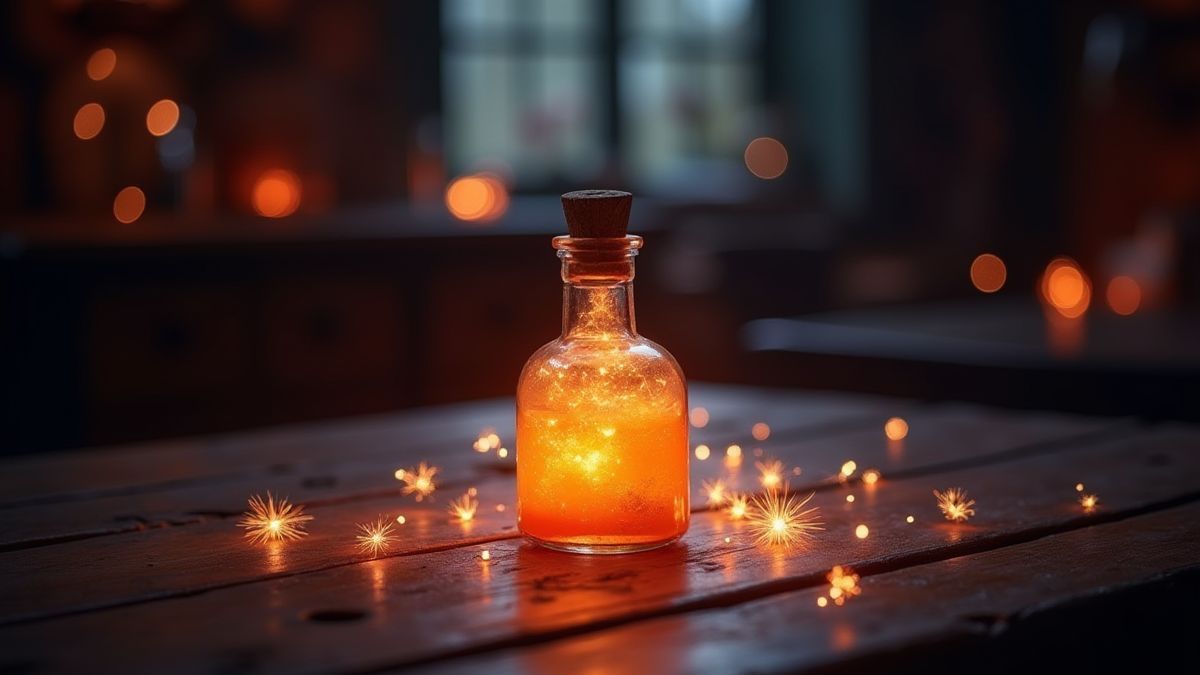 Magische potionfles omringd door vonkjes op een houten tafel in een betoverende sfeer.