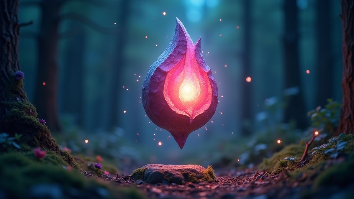 Een glanzende rune die in een betoverd bos zweeft.