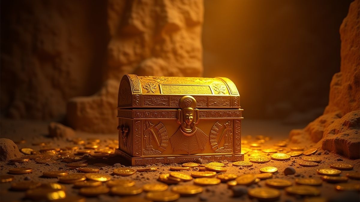 Moedas douradas ao redor de um cofre do tesouro resplandecente em uma tumba egípcia.