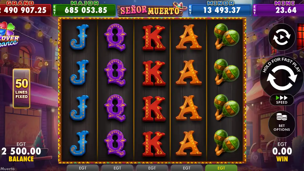Juego base de Señor Muerto en una cuadrícula de 5x4 con 50 líneas fijas y jackpots Clover Chance