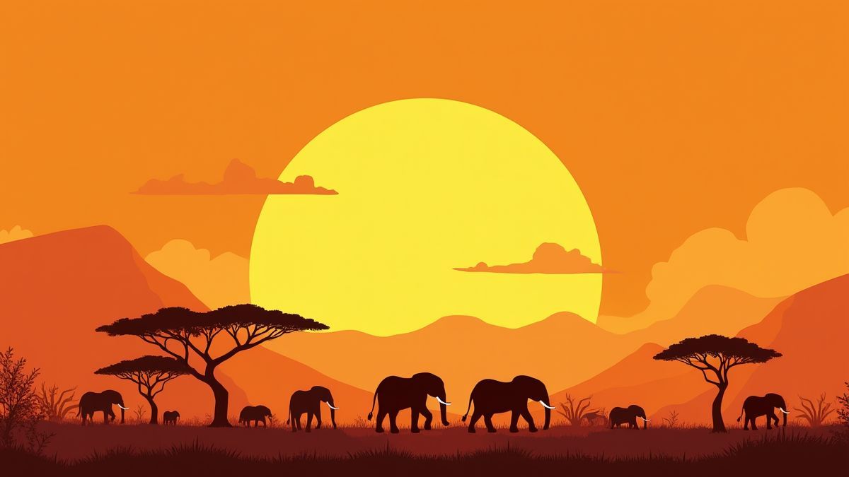 La savane africaine avec des arbres d'acacia et des éléphants sous un coucher de soleil doré.