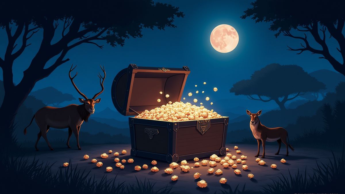 Un coffre au trésor rempli de diamants entouré de faune sauvage africaine sous la lumière de la lune.