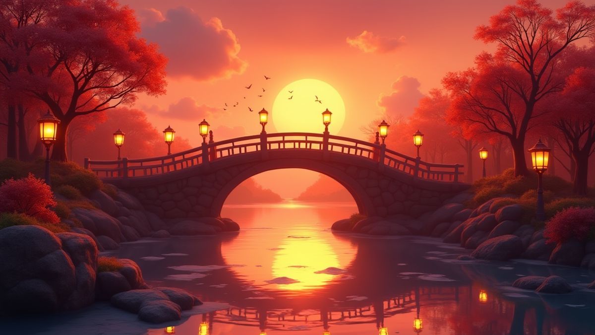 Ruhige orientalische Brücke umgeben von leuchtenden Laternen bei Sonnenuntergang.