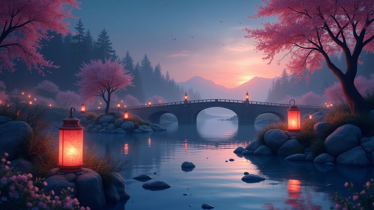 Animierte Landschaft mit Laternen und einem ruhigen Fluss unter einer Brücke.