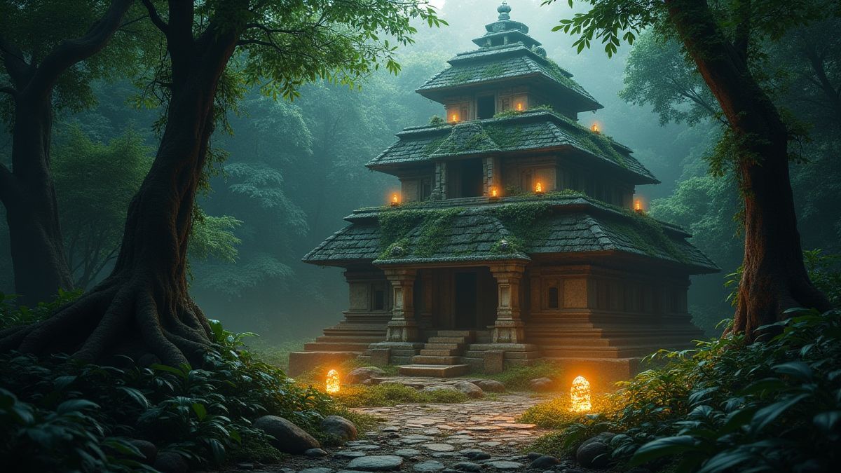 Un temple ancien entouré de jungle et trésors brillants.