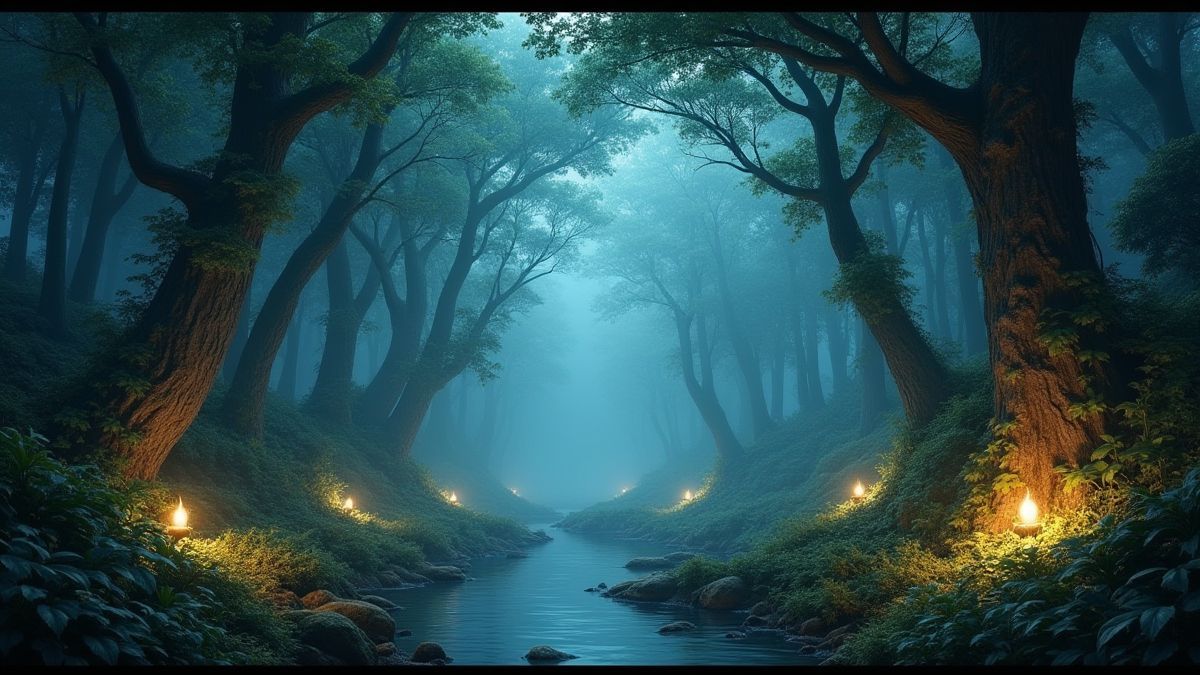 Paysage de jungle serein avec éléments mystiques brillants.