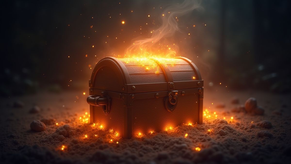 Un coffre du trésor brillant entouré de lumière mystique.