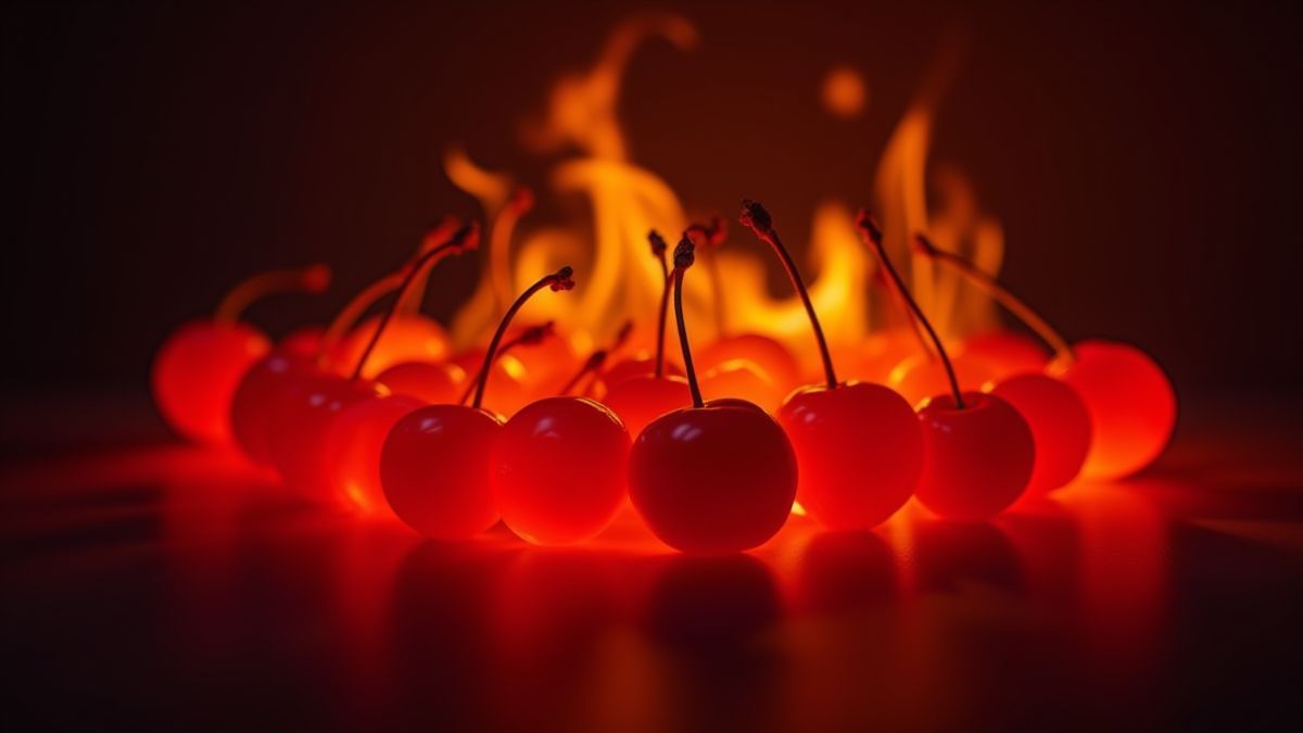 Glühende Kirschen auf einem dunklen Hintergrund.