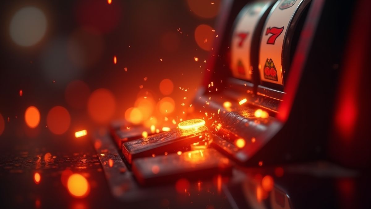 Hebel einer Spielautomaten umgeben von Feuereffekten.