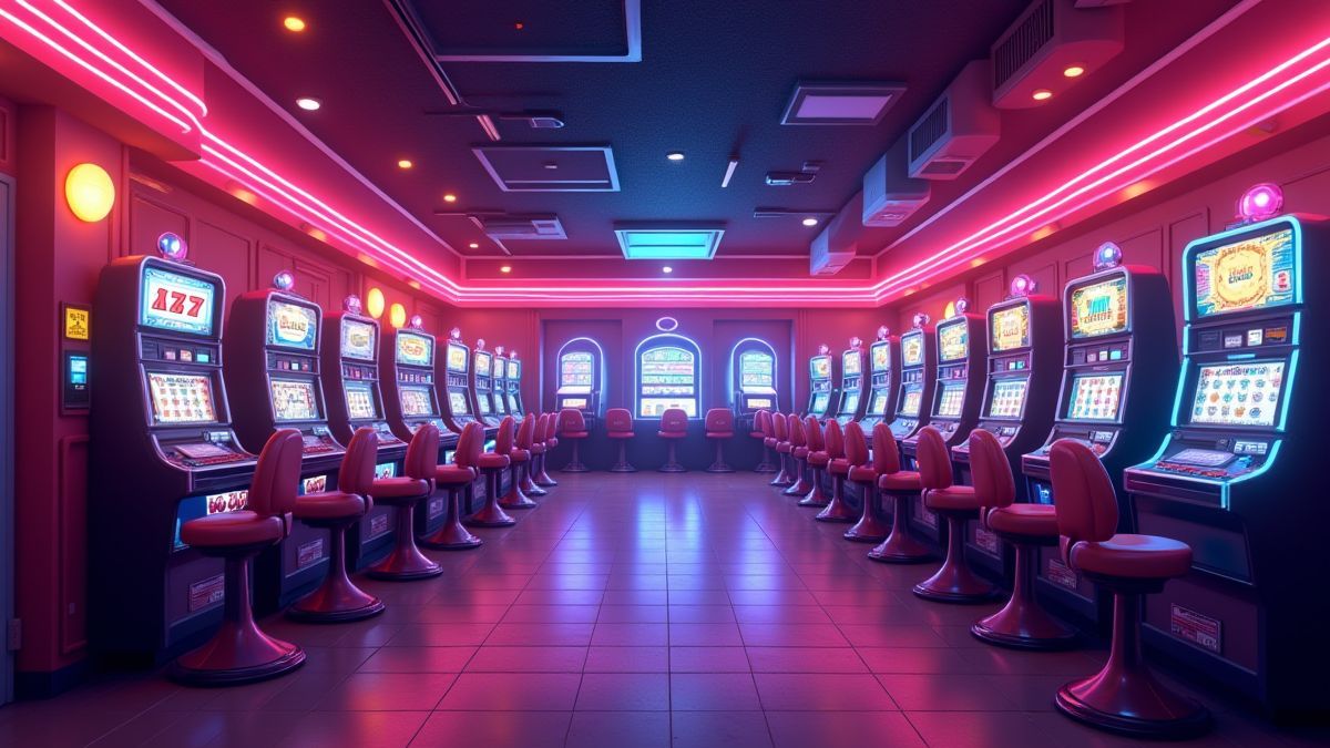 Casino retro con luces de neón y máquinas tragaperras