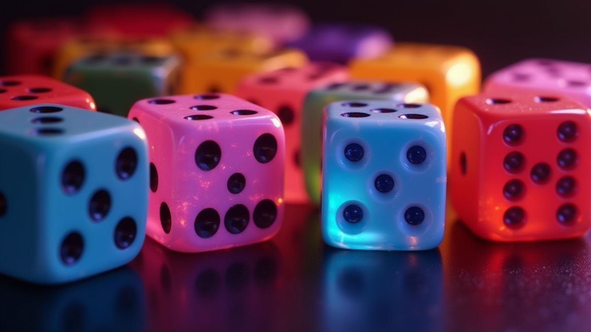 Dados brilhantes sob luzes de cassino.