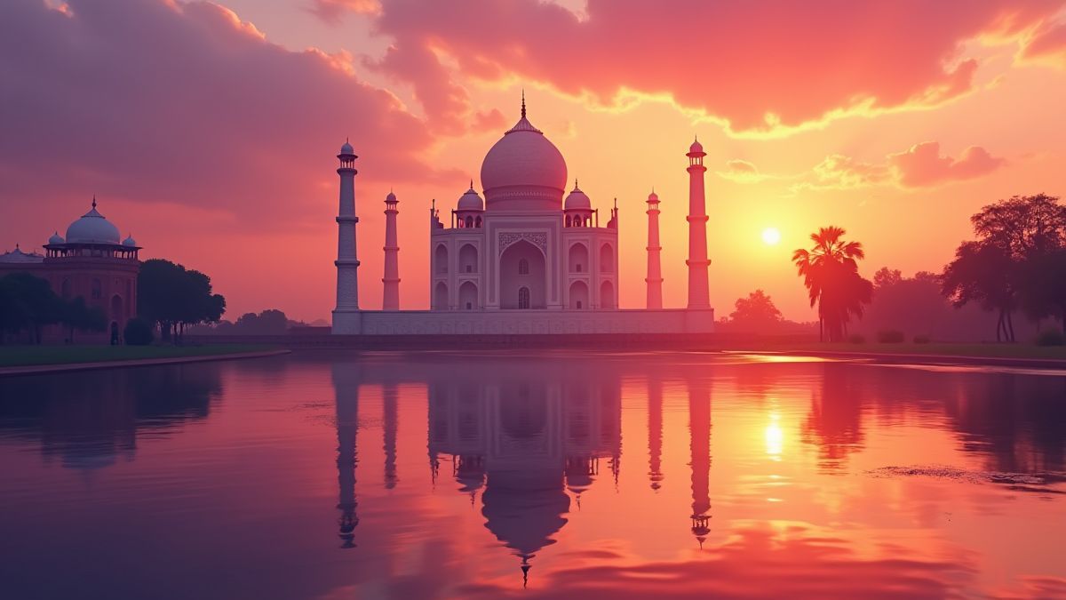 Illustration animée du Taj Mahal au coucher de soleil