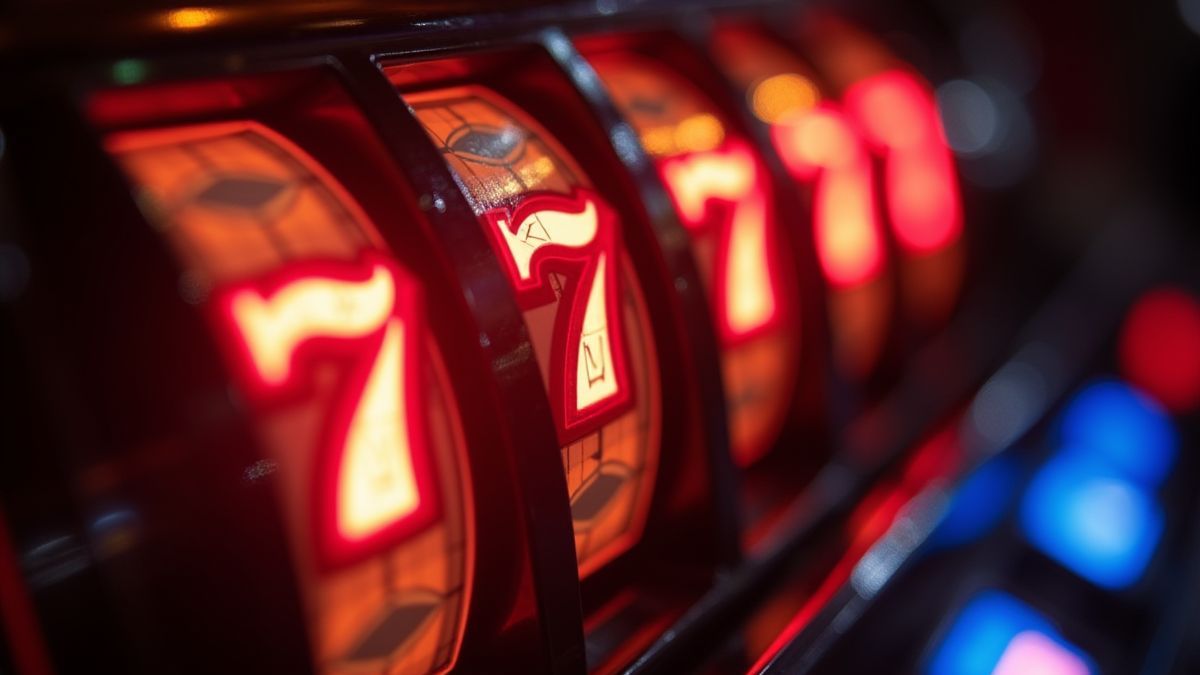 Een close-up van de rollen van een gokkast die zevens en staven toont.